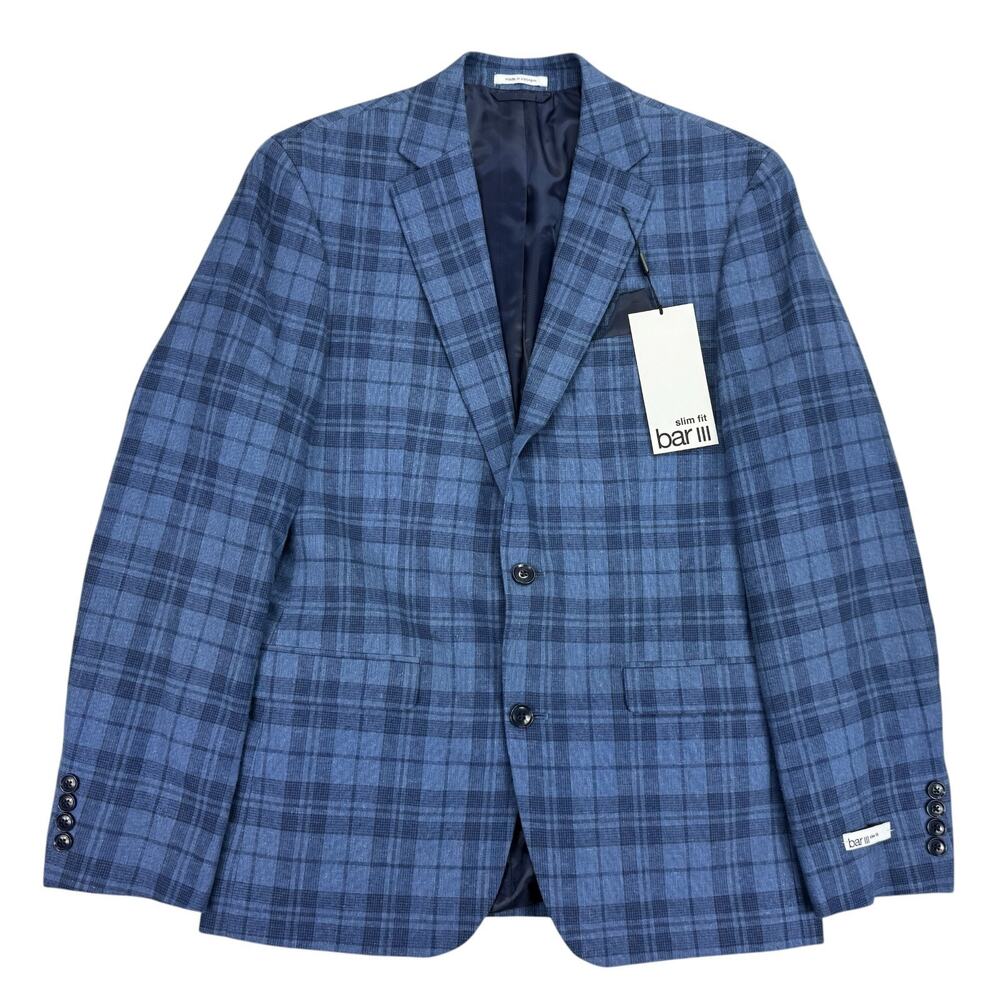 Bar III Mens Linen Blend Slim Fit Plaid Sport Coat Blue 38R